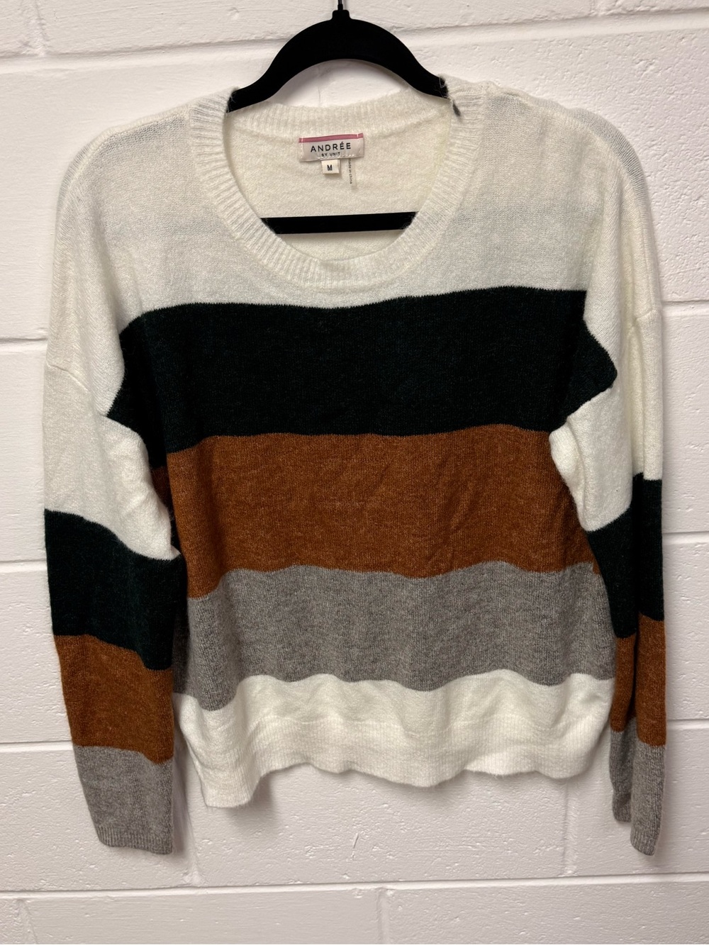 White Crewneck Sweater with Black, Brown and Gray Stripes